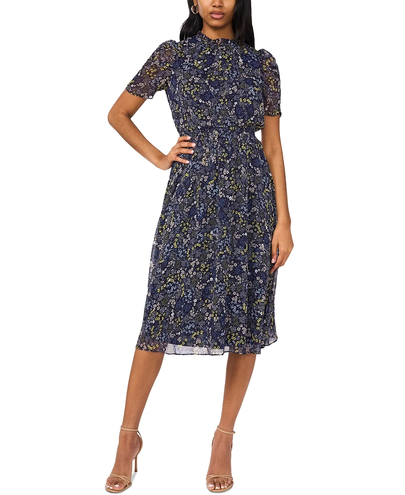 Msk Petite Printed Ruched-Sleeve Midi Dress