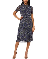 Msk Petite Printed Ruched-Sleeve Midi Dress