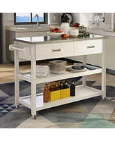 Stainless Steel Table Top White Kicthen Cart With Two Drawers