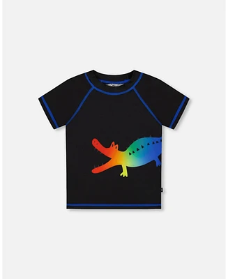 Deux par Boy Short Sleeve Rashguard Black And Multicolored Crocodiles - Toddler|Child