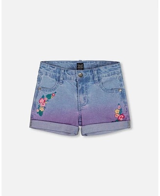 Deux par Big Girls Cuffed Denim Shorts With Embroidery Floral Jeans Blue