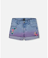 Deux par Big Girls Cuffed Denim Shorts With Embroidery Floral Jeans Blue