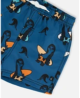 Deux par Boys Printed Swim Trunks Orange Sloths On Navy Blue