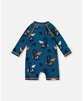 Deux par Baby Boys Printed Long Sleeve One-Piece Rashguard Orange Sloths On Navy Blue