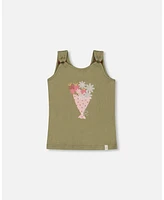 Deux par Big Girls Crinkle Jersey Tank Top Floral Olive Green