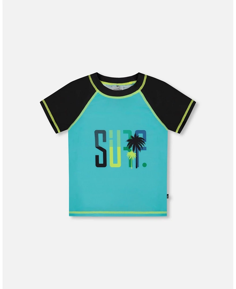 Deux par Boy Short Sleeve Rashguard Black And Turquoise - Toddler|Child