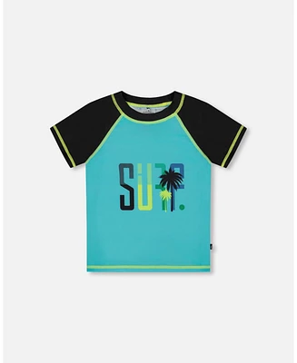 Deux par Boy Short Sleeve Rashguard Black And Turquoise - Toddler|Child