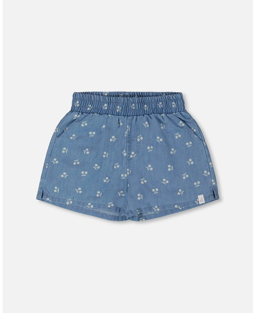 Deux par Big Girls Printed Chambray Short Blue And White Cherries