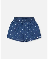 Deux par Big Girls Printed Chambray Short Navy Blue And White Hearts