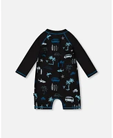 Deux par Boys Printed Long Sleeve Rashguard Light Blue Beach On Black