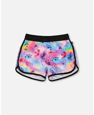 Deux par Girls Printed Swim Shorts Butterflies On Multicolored And Black Background