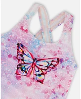 Deux par Girls Printed One-Piece Swimsuit Pink Butterflies With Bubble Effects