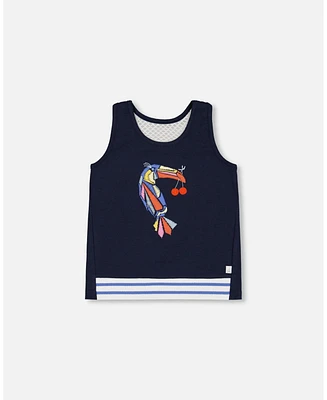 Deux par Toddler Girls Organic Cotton Tank Top Navy Blue And Toucan - Toddler|Child