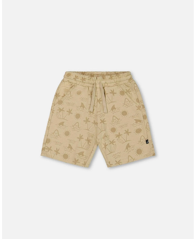 Deux par Baby Boys Printed French Terry Short Beige With Palm Trees