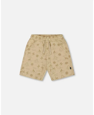 Deux par Deux Baby Boys Printed French Terry Short Beige With Palm Trees