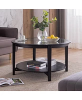 Rustic Round Coffee Table with Glass Top and Wooden Storage
