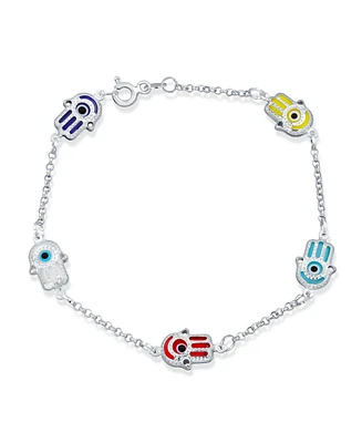 Bling Jewelry Turkish Colorful Evil Eye Hamsa Hand Charm Bracelet Sterling Silver