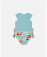 Deux par Girl Printed Two-Piece Swimsuit Turquoise And Pink Flowers - Toddler|Child