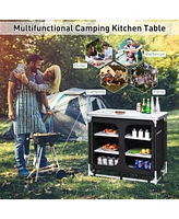 Portable Camping Kitchen Table with Storage Shelves