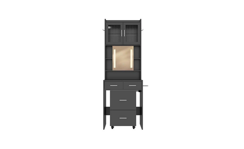 Small Vanity Desk with Mirror and Led Lights – Compact Makeup Table Charging Station Storage Shelves for Spaces