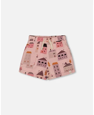 Deux par Baby Girls Printed French Terry Short Pink And Coral Houses