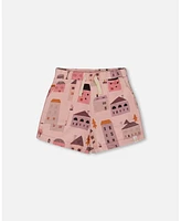 Deux par Baby Girls Printed French Terry Short Pink And Coral Houses