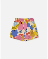 Deux par Big Girls Printed French Terry Short Fruits On Yellow Background