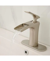 Waterfall Single Hole Single-Handle Low-Arc Bathroom Faucet With Deck Plate in Brushed Nickel