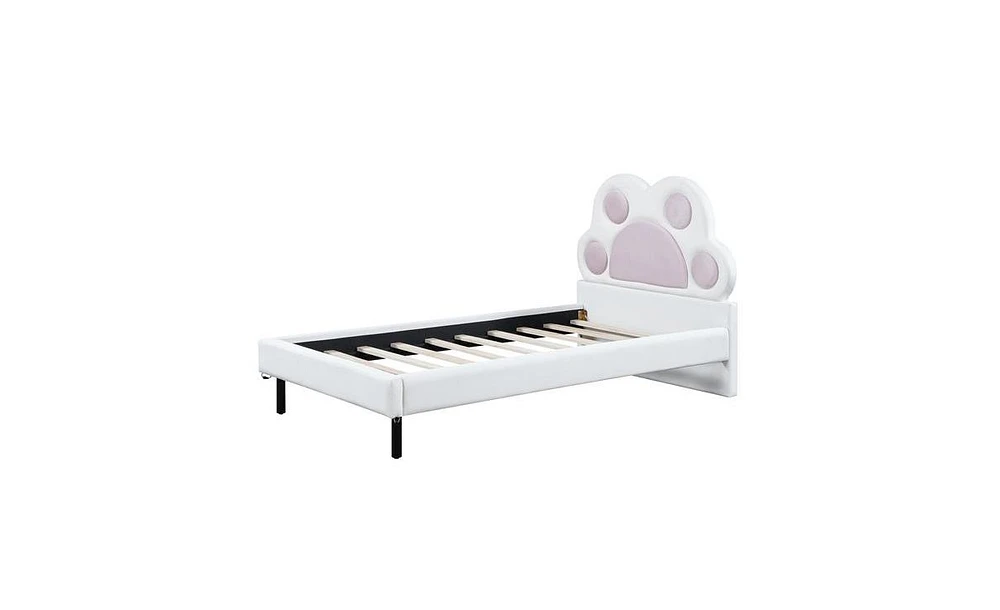 Upholstered Platform Bed with Animal Paw Shaped Headboard and Led