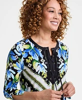 Jm Collection Women's Printed Lace-Up 3/4-Sleeve Top, Exclusively at Macy's