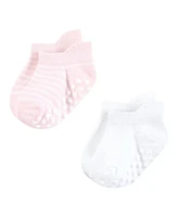 Hudson Baby Infant Girl Non-Skid No-Show Socks, Pink Navy Stripe, Months