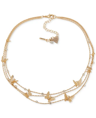 lonna & lilly Gold-Tone Crystal 3-Row Butterfly Necklace, 16" + 3" extender