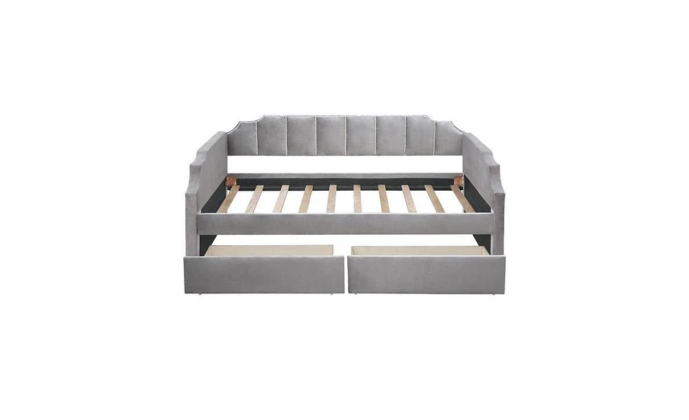 Upholstered daybed with Drawers, Wood Slat Support