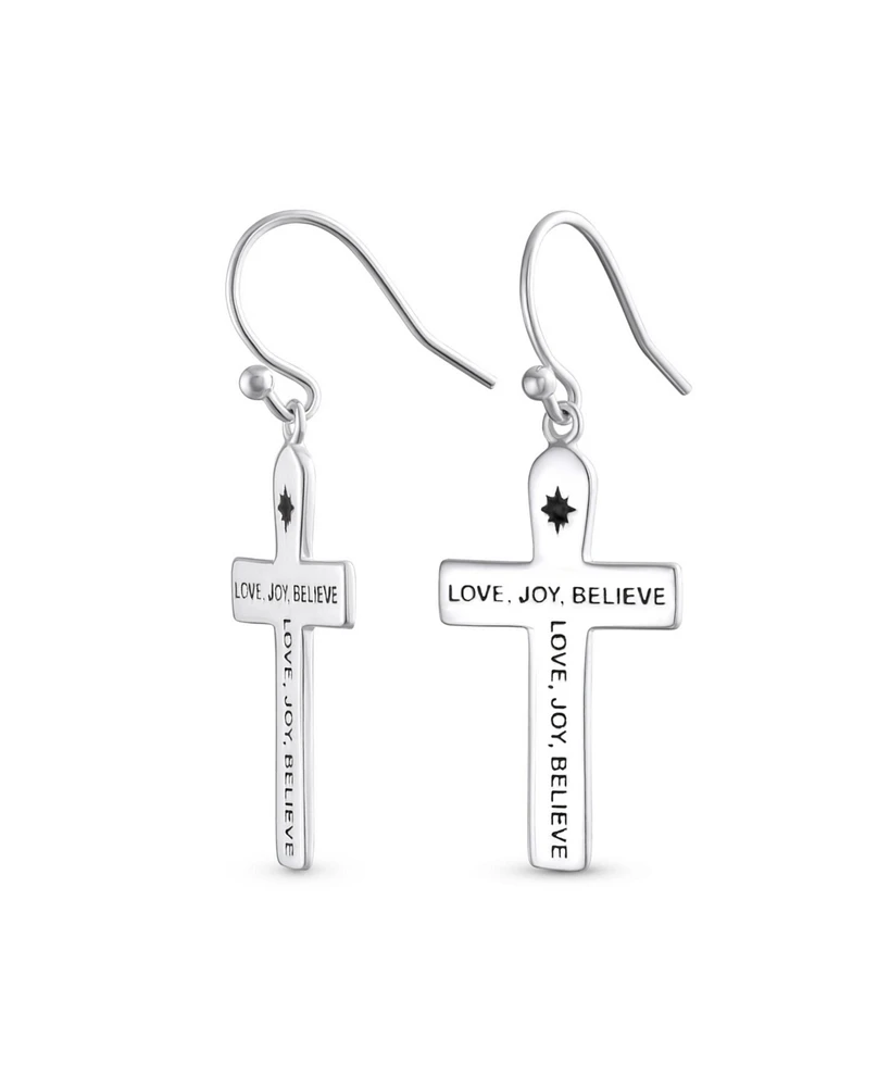 Bling Jewelry Inspirational Love Joy Believe Dangle Earrings with Religious Cross Sterling Silver