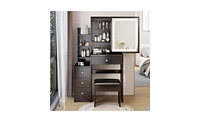 Small Space Left Bedside Cabinet Vanity Table + Cushioned Stool – Compact, Stylish, and Functional Vanity Set with Led Mirror for Girls