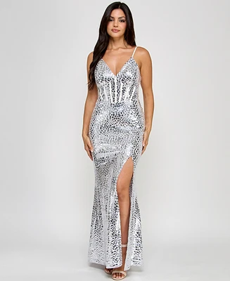 Morgan & Company Juniors' Metallic Print V-Neck Sleeveless Gown