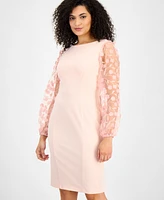 Connected Petite Sheer-Sleeve Applique Sheath Dress