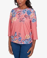 Alfred Dunner Women's Free Spirit Showstopping Crew Neck Floral Knit Top