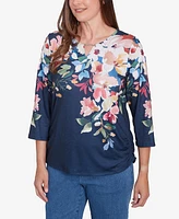 Alfred Dunner Women's Free Spirit Floral Knit Ruched Sleeve Top