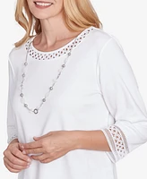 Alfred Dunner Women's Dress Code Solid Lace Trim Top with Necklace