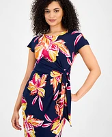 Robbie Bee Women's Floral Tie-Waist Short-Sleeve Midi Dress