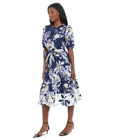 London Times Petite Printed Puff-Sleeve Midi Dress