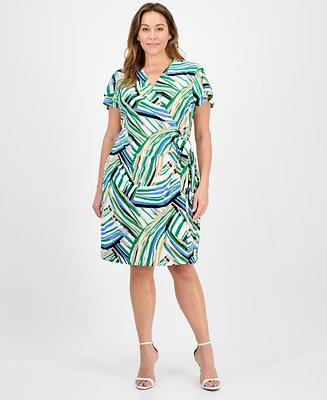 Anne Klein Plus Flutter-Sleeve Classic Faux-Wrap Dress