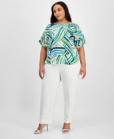 Anne Klein Plus Printed Flutter-Sleeve Blouse