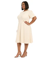 London Times Plus Crewneck Button-Tab Short-Sleeve Midi Dress