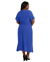 London Times Plus Textured Asymmetric-Hem Short-Sleeve Midi Dress