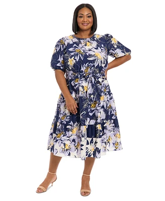 London Times Plus Printed Puff-Sleeve Midi Dress