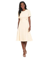 London Times Petite Crewneck Button-Tab Short-Sleeve Midi Dress