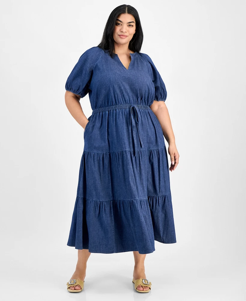 Anne Klein Plus Puff-Sleeve Tiered Midi Dress