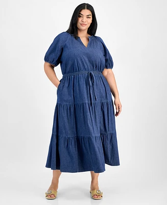 Anne Klein Plus Puff-Sleeve Tiered Midi Dress